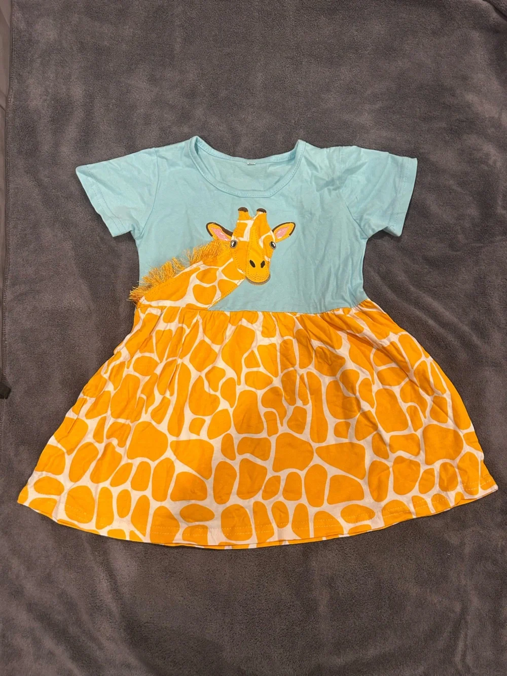 Girls Giraffe Appliqué Dress - Light Blue & Yellow